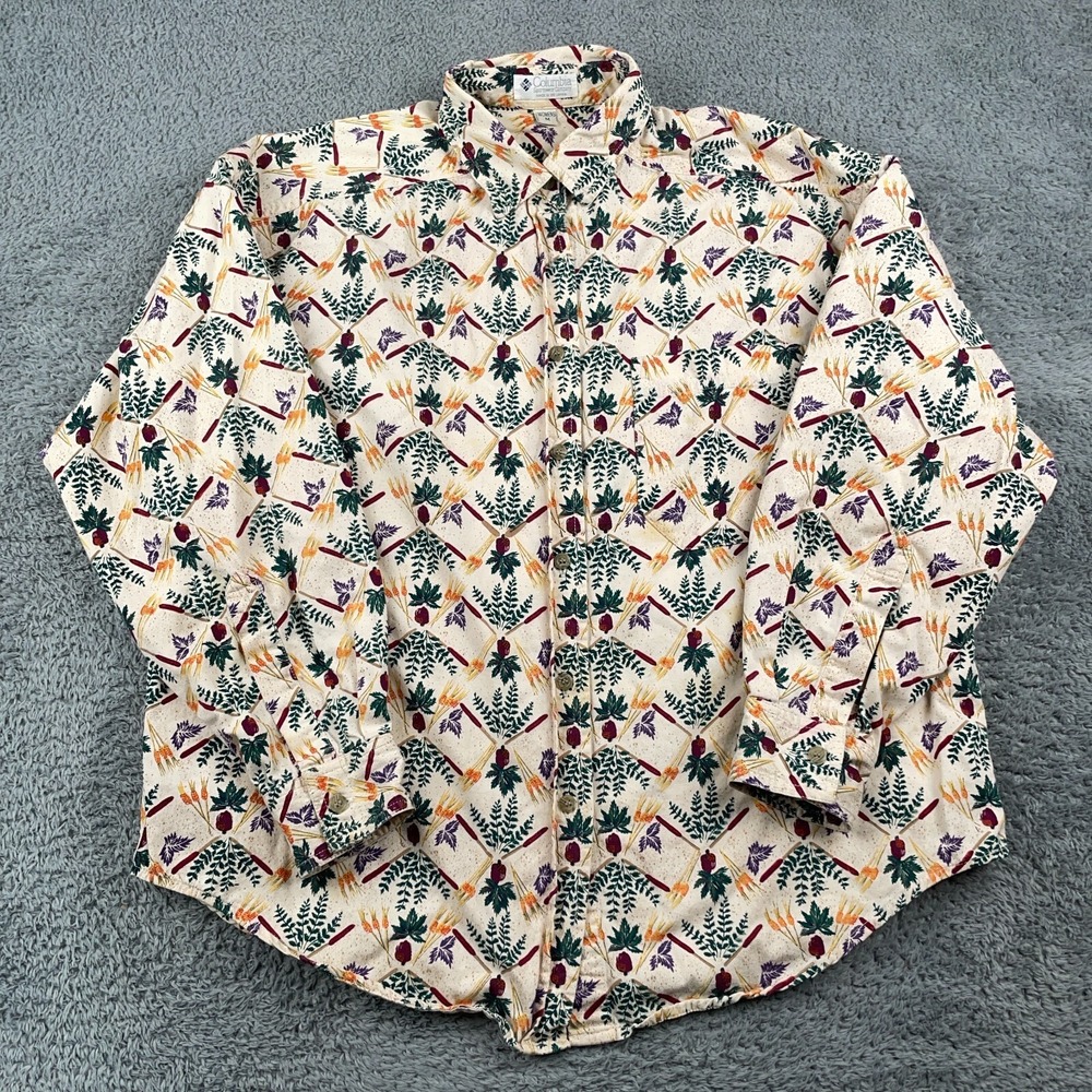 VTG Columbia Shirt Womens Medium Cream All Over Print Floral Nature Lightweight - Picture 2 of 12